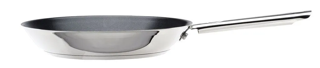 A steel-bodied frying pan with a dark coated surface inside
