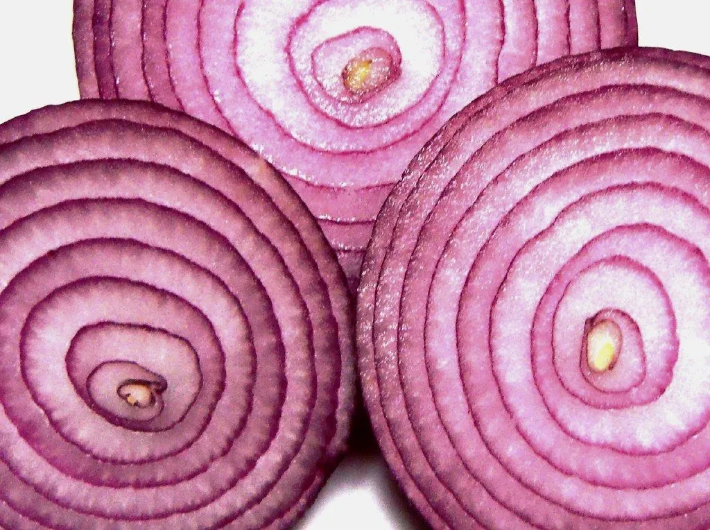 Three halves of red onion showing the ring pattern