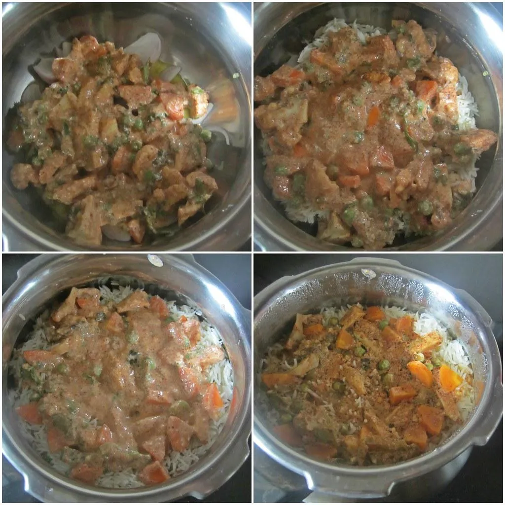 Vegetable biryani being layered in a steel pot, ready for dum