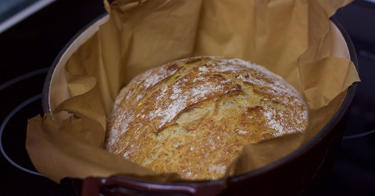 A crusty no-knead loaf just baked in a Dutch oven, resting on its parchment