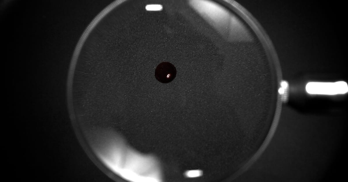 A single bead of liquid sitting on the dark coated surface of a non-stick pan